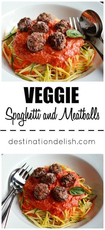 Veggie Spaghetti and Meatballs | Destination Delish - A meatless take on the classic pasta dish with veggie noodles, a homemade tomato sauce, and black bean meatballs. Gluten-free. Vegan.