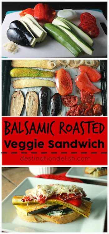Balsamic Roasted Veggie Sandwich | Destination Delish - Roasted vegetables atop toasted bread with garlic basil mayo and melted cheese