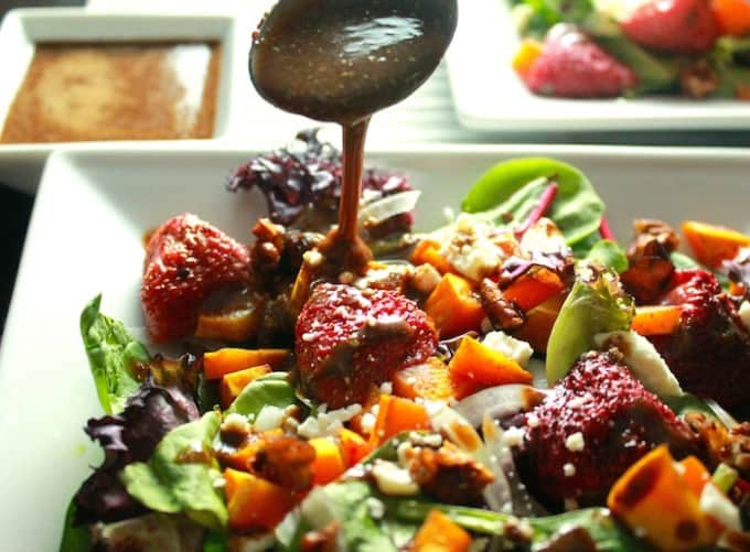 Roasted Butternut Squash and Strawberry Salad | Destination Delish - Roasted Butternut Squash and Strawberry Salad - roasted butternut squash and strawberries, feta, pecans, and balsamic vinaigrette