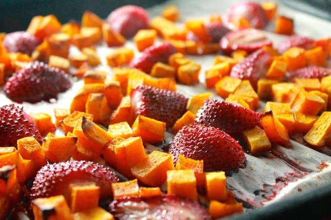 Roasted Butternut Squash and Strawberry Salad | Destination Delish - Roasted Butternut Squash and Strawberry Salad - roasted butternut squash and strawberries, feta, pecans, and balsamic vinaigrette