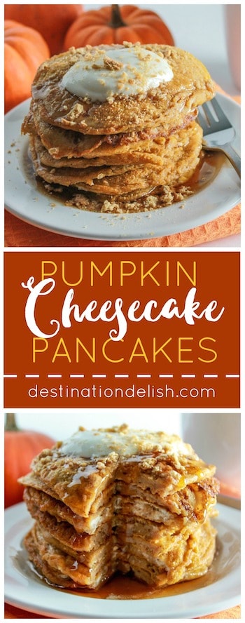 Pumpkin Cheesecake Pancakes | Destination Delish - Bits of pumpkin cheesecake packed inside fluffy pumpkin pancakes. It's the perfect autumn breakfast!