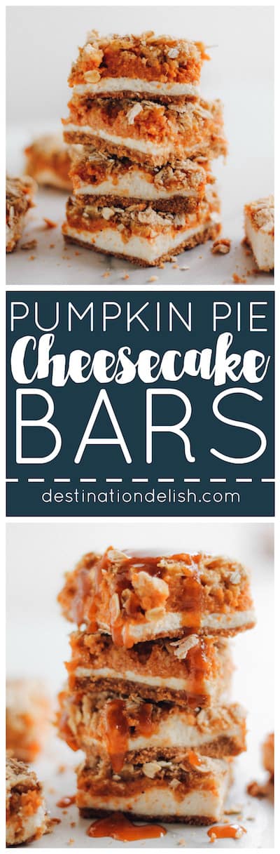Pumpkin Pie Cheesecake Bars with Caramel Streusel | Destination Delish - A lightened up dessert combining pumpkin pie and cheesecake into one indulgent little bar.