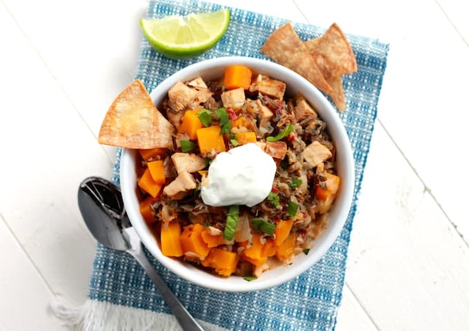 Chipotle Chicken, Butternut Squash, and Wild Rice Soup 