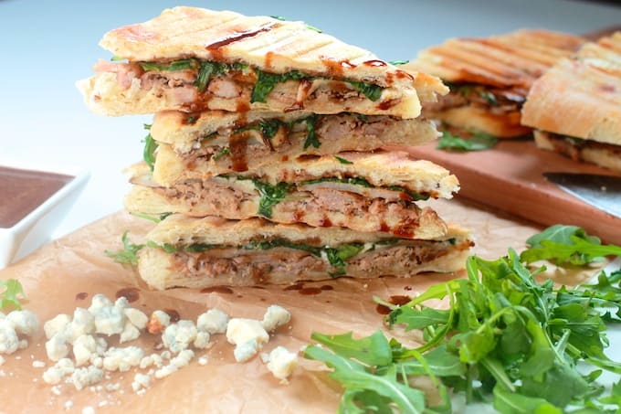 Pulled Pork, Roasted Pear, and Gorgonzola Paninis 