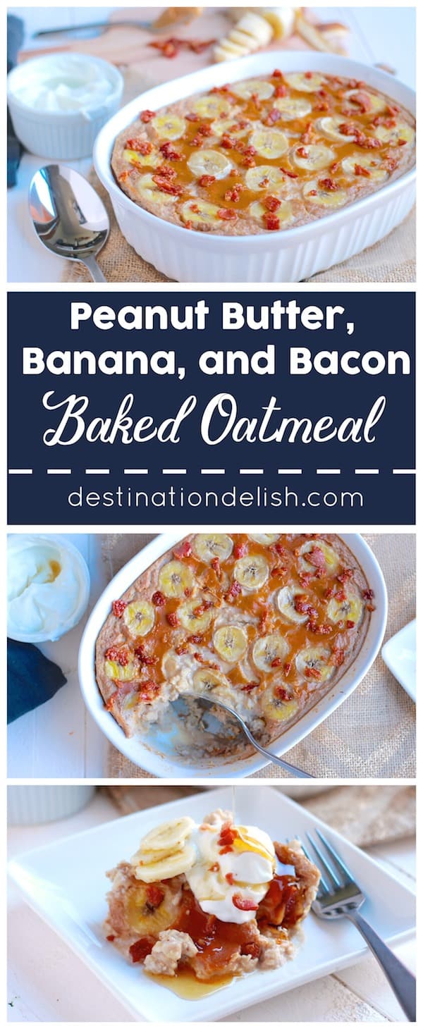 an Elvis inspired breakfast recipe. Sweet bananas, smooth peanut butter, and crispy bits of salty bacon combined into a hearty and creamy baked oatmeal