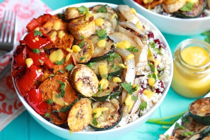 Grilled Caribbean Veggie Bowls with Cauliflower Rice and Peas 