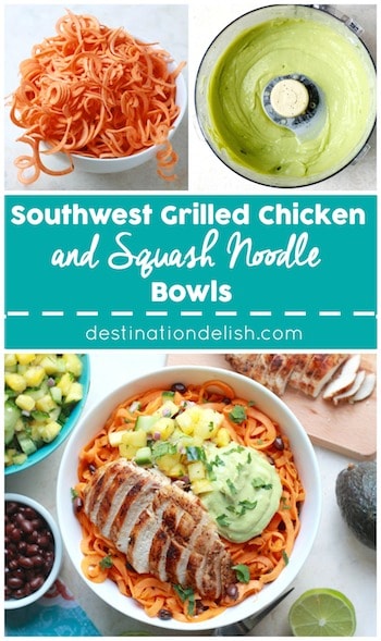 Southwest Grilled Chicken and Squash Noodle Bowls | Destination Delish - Spice-rubbed grilled chicken and creamy avocado sauce on a bed of sweet, tender butternut squash noodles. A clean eating and gluten free recipe!