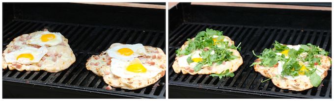 Ham, Egg, and Arugula Grilled Pizza 