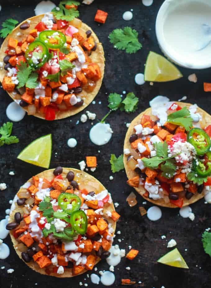 Roasted Sweet Potato Tostadas | Destination Delish - a light and healthy meatless meal filled with Tex Mex flavors
