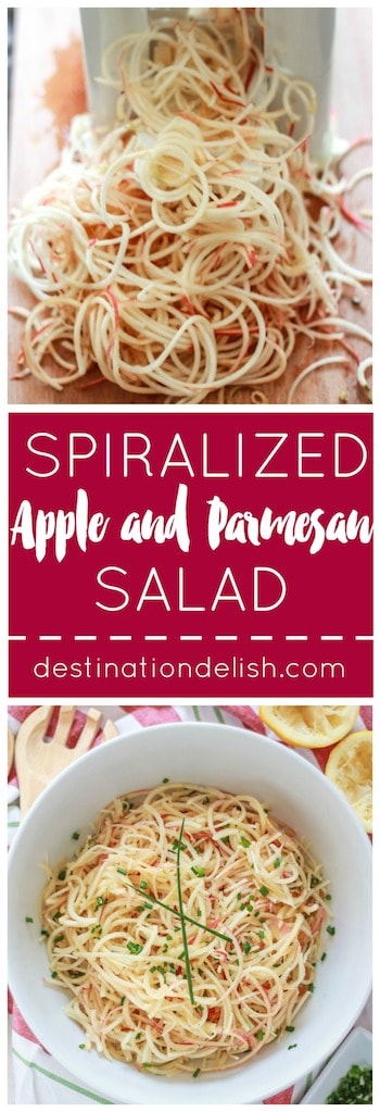 Spiralized Apple and Parmesan Salad | Destination Delish - Sweet, crisp, spiralized apples, nutty Parmesan cheese, and chives tossed in a simple lemon vinaigrette dressing.