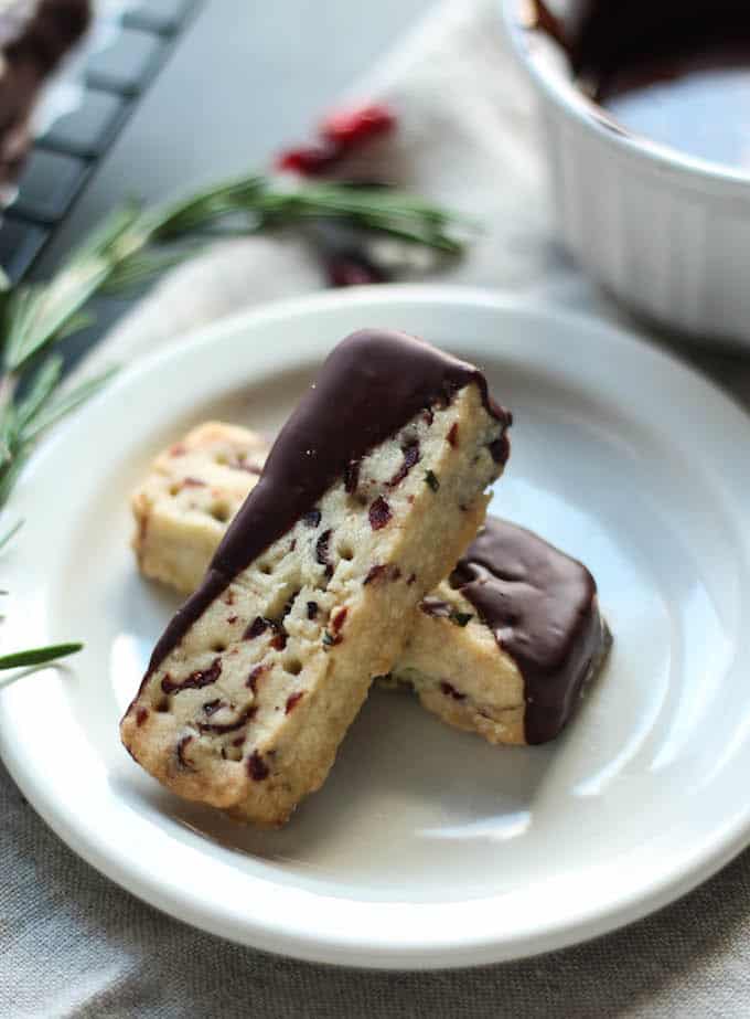 Chocolate Dipped Cranberry Rosemary Shortbread | Destination Delish