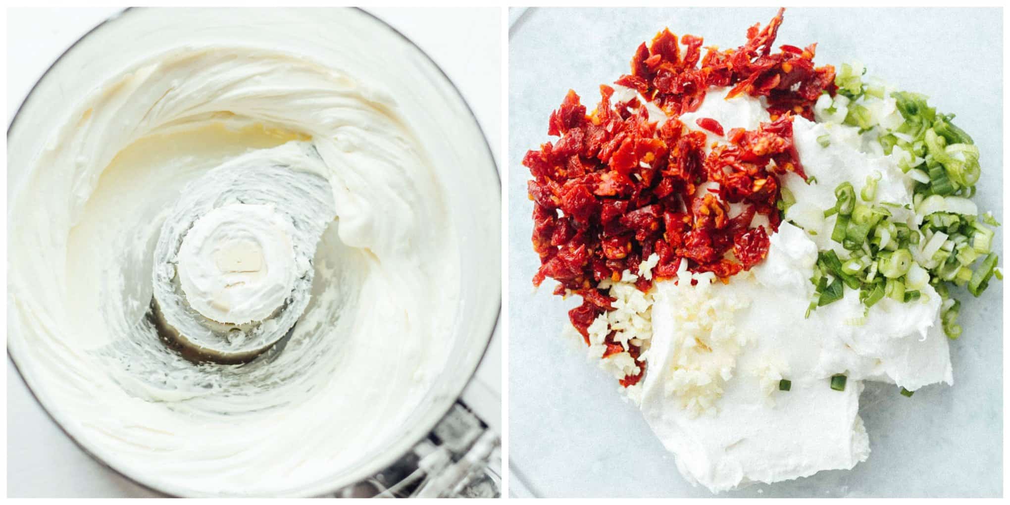 A 2-photo collage of the whipped feta in a food processor and the whipped feta filling mixed in a bowl