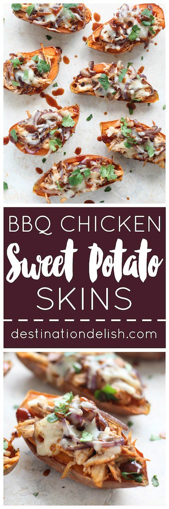BBQ Chicken Sweet Potato Skins | Destination Delish – A healthy appetizer that packs all the amazing flavors of BBQ chicken pizza into sweet potato skins