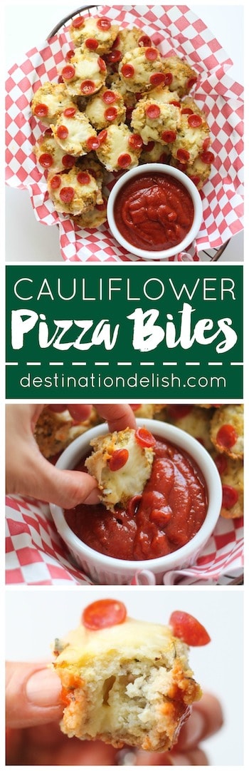 Cauliflower Pizza Bites | Destination Delish - Cauliflower crust pizza made into mini bites with a cheesy surprise in the middle