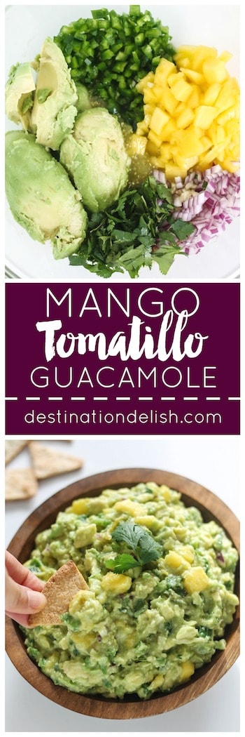 Mango Tomatillo Guacamole | Destination Delish - Roasted tomatillos give this guacamole a punch of tangy, citrus flavor for a unique twist on the traditional guacamole