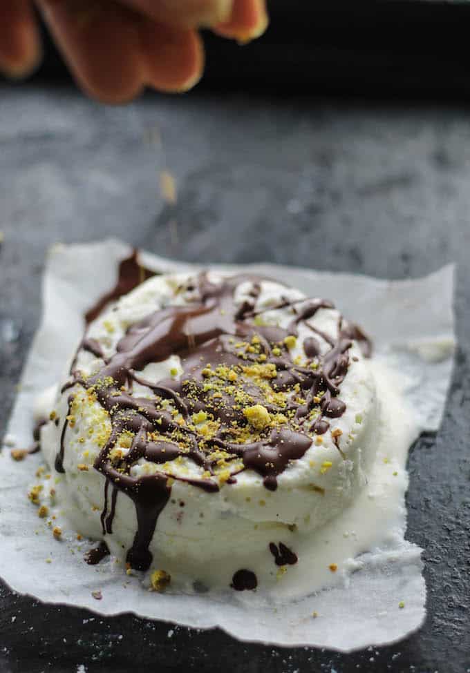 Chocolate Pistachio Semifreddo | Destination Delish – a lightened up version of the classic Italian dessert using ricotta and cream cheeses. Mixed with chopped pistachios and a drizzle of chocolate for a velvety smooth treat. 