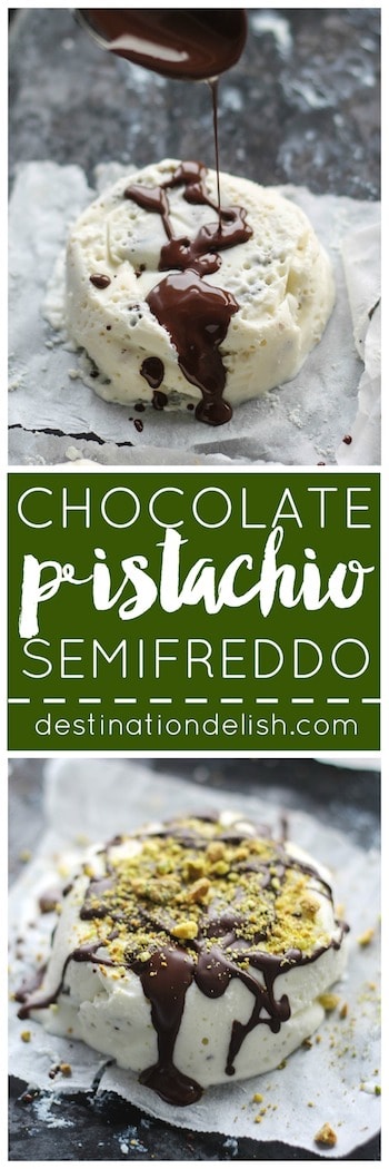 Chocolate Pistachio Semifreddo | Destination Delish – a lightened up version of the classic Italian dessert using ricotta and cream cheeses. Mixed with chopped pistachios and a drizzle of chocolate for a velvety smooth treat. 