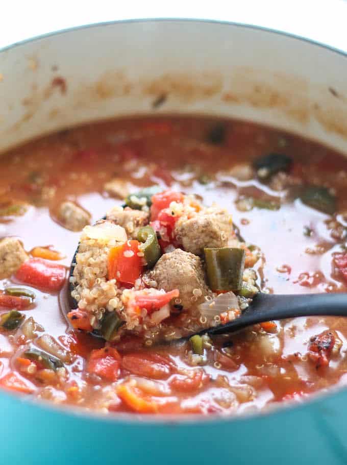 an eclectic chili filled with tender pork, fire roasted tomatoes, peppers, and quinoa simmered in an orange-cinnamon infused broth. 