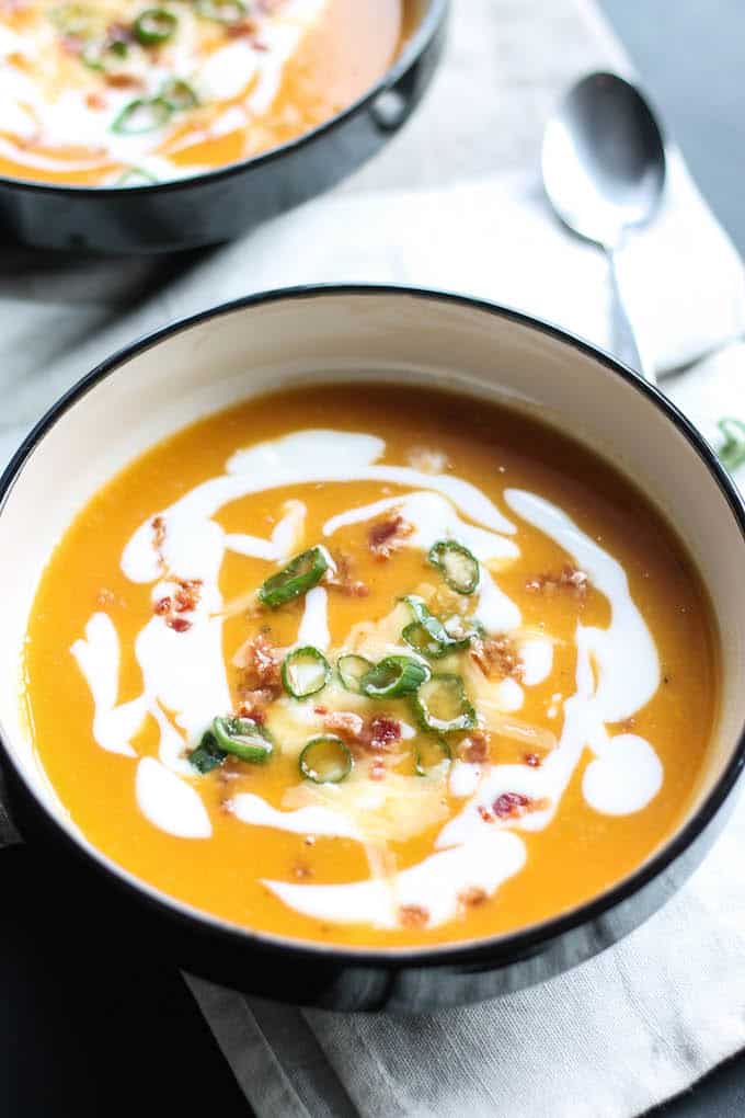 Easy Sweet Potato Soup | Destination Delish – a simple sweet potato soup made with just 5 ingredients. Pile on your favorite toppings! 