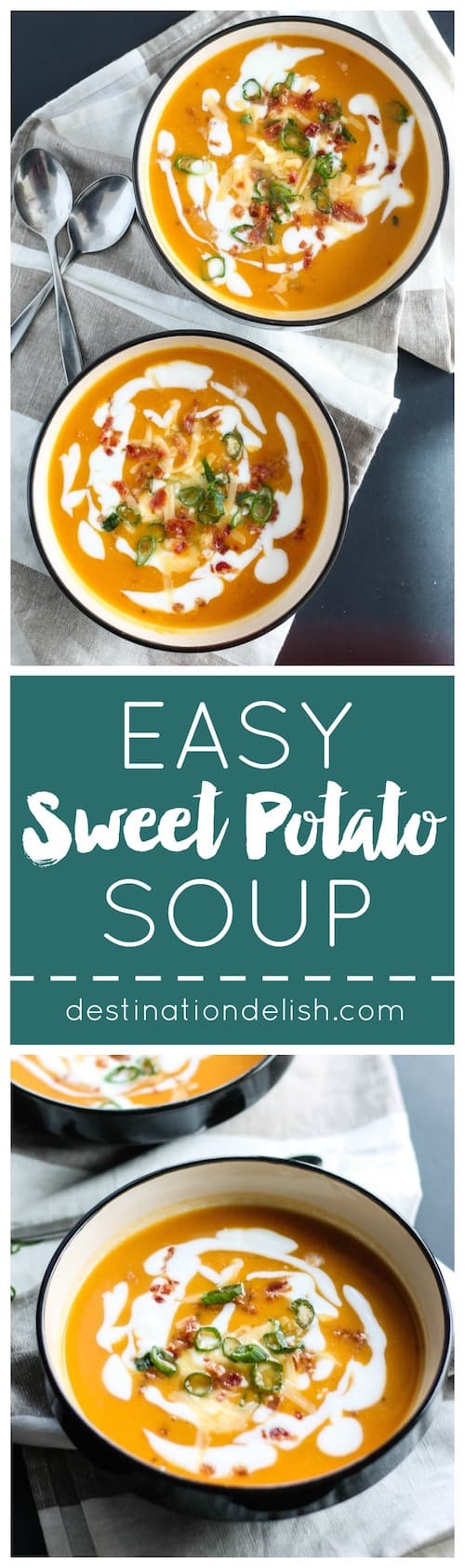 Easy Sweet Potato Soup | Destination Delish – a simple sweet potato soup made with just 5 ingredients. Pile on your favorite toppings!