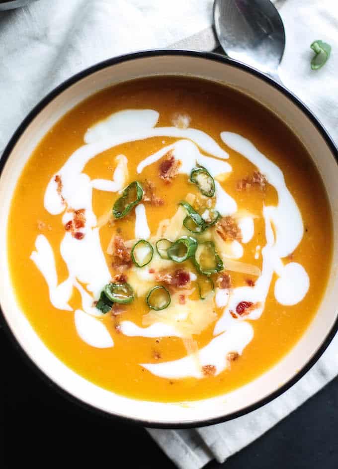 Easy Sweet Potato Soup | Destination Delish – a simple sweet potato soup made with just 5 ingredients. Pile on your favorite toppings! 