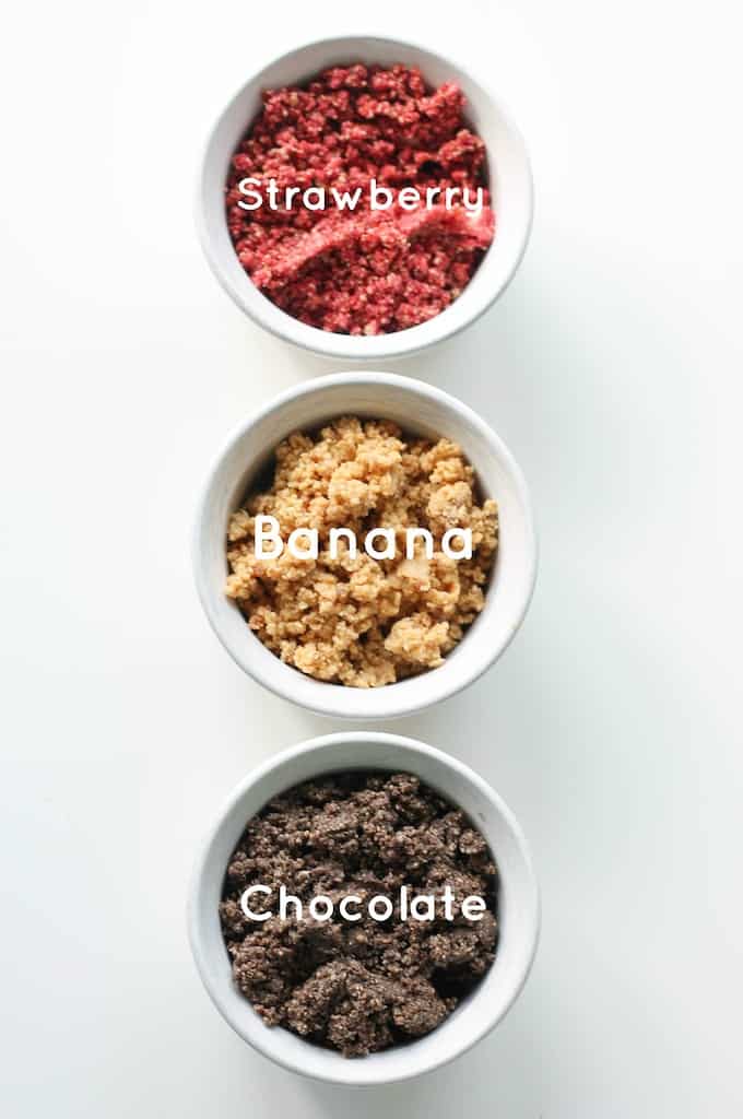 Banana Split Energy Balls | Destination Delish – an all-natural snack combining strawberry, banana, and chocolate flavors with cashews, dates, and almond milk