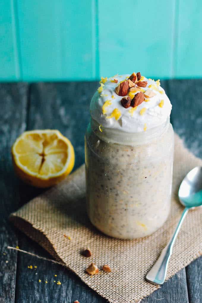 Lemon Cream Pie Overnight Oats | Destination Delish – Oats, chia seeds, lemon zest, and maple syrup are soaked in almond milk for a healthy breakfast inspired by a lovely lemon dessert