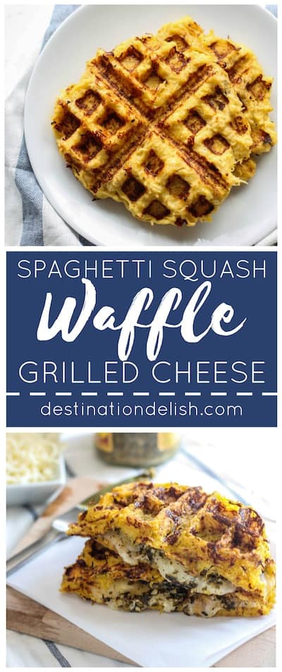 Spaghetti Squash Waffle Grilled Cheese | Destination Delish – a truly unforgettable sandwich consisting of gooey cheddar cheese and savory pesto layered between spaghetti squash waffles