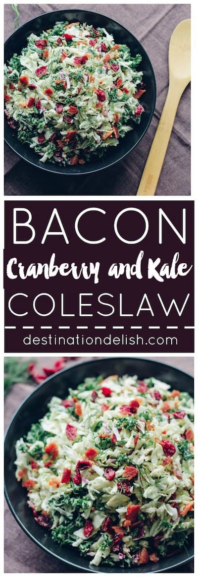 Bacon, Cranberry, Kale Coleslaw | Destination Delish – A delightful coleslaw made lighter with Greek yogurt dressing. It’s full of crunchy texture and little punches of flavor from the bacon and dried cranberries. Easy, gluten-free