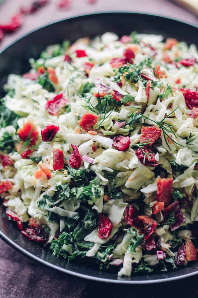 Bacon, Cranberry, Kale Coleslaw | Destination Delish – A delightful coleslaw made lighter with Greek yogurt dressing. It’s full of crunchy texture and little punches of flavor from the bacon and dried cranberries. Easy, gluten-free.