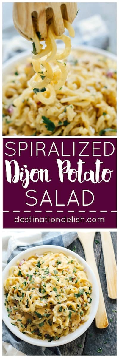 Spiralized Dijon Potato Salad | Destination Delish – a quick and easy side dish made with potato noodles and a simple Dijon vinaigrette dressing. This salad is sure to be a hit at any summer picnic! Gluten-free.