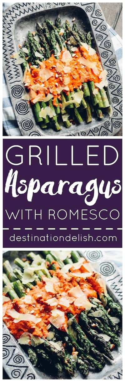 Grilled Asparagus with Romesco | Destination Delish – Tender grilled asparagus with tangy red pepper sauce make up this easy and healthy side dish. Pair it with your favorite grilled protein for the ultimate summer meal!
