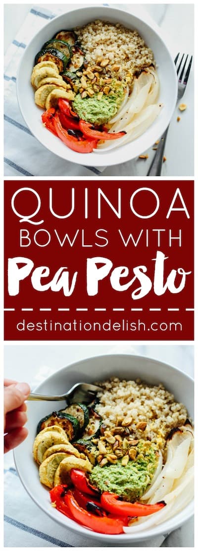 Quinoa Bowls with Pea Pesto | Destination Delish – wholesome vegetarian bowls full of quinoa and roasted veggies topped with a zesty and sweet pea pesto. 