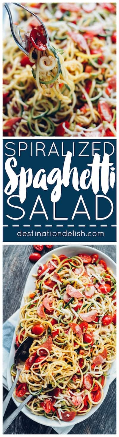 Spiralized Spaghetti Salad | Destination Delish – a zesty summer potluck favorite made healthy with zucchini noodles, turkey pepperoni, and plenty of chopped veggies. 