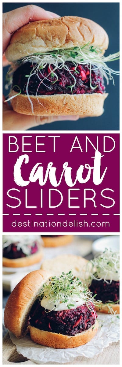 Beet and Carrot Sliders | Destination Delish – hearty and wholesome mini burgers seasoned with chili powder and packed with nutritious beets, carrots, oats and walnuts