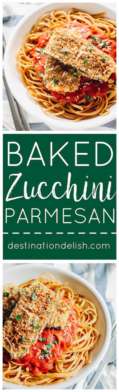 Baked Zucchini Parmesan | Destination Delish - Breaded zucchini baked until crispy on the outside and tender on the inside. Then, topped with marinara. It’s healthy, vegetarian take on the Italian classic.