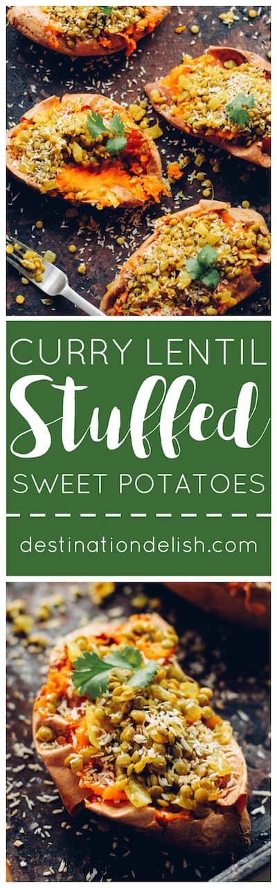 Curry Lentil Stuffed Sweet Potatoes | Destination Delish - Tangy, curry lentils tucked inside a tender sweet potato. It’s a healthy side or main dish that’s easy to prepare and full of flavor! Vegetarian. Vegan. Gluten free.