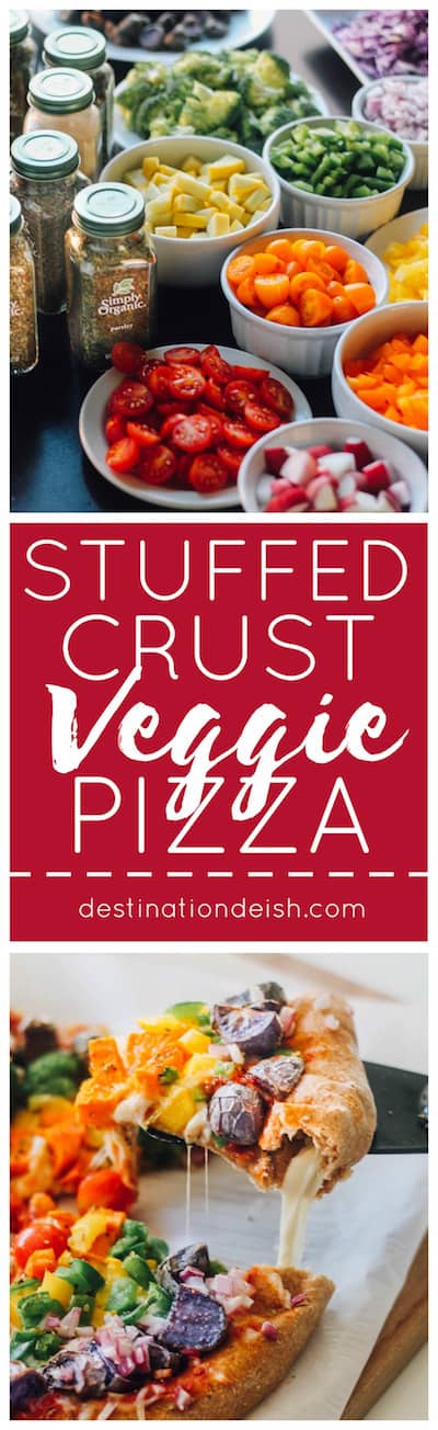 Stuffed Crust Veggie Pizzas | Destination Delish - wholesome, colorful veggies atop a whole wheat pizza crust stuffed with gooey cheese. Perfect for pizza nights!