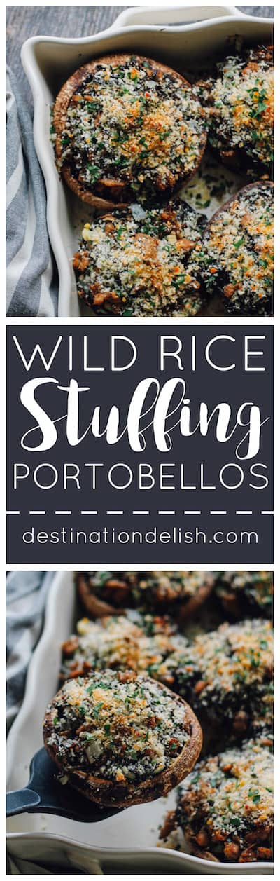  Wild Rice Stuffing Portobellos | Destination Delish - Hearty wild rice and mushroom stuffing served inside portobello mushroom caps. It’s a wholesome and unique take on the traditional Thanksgiving side dish!