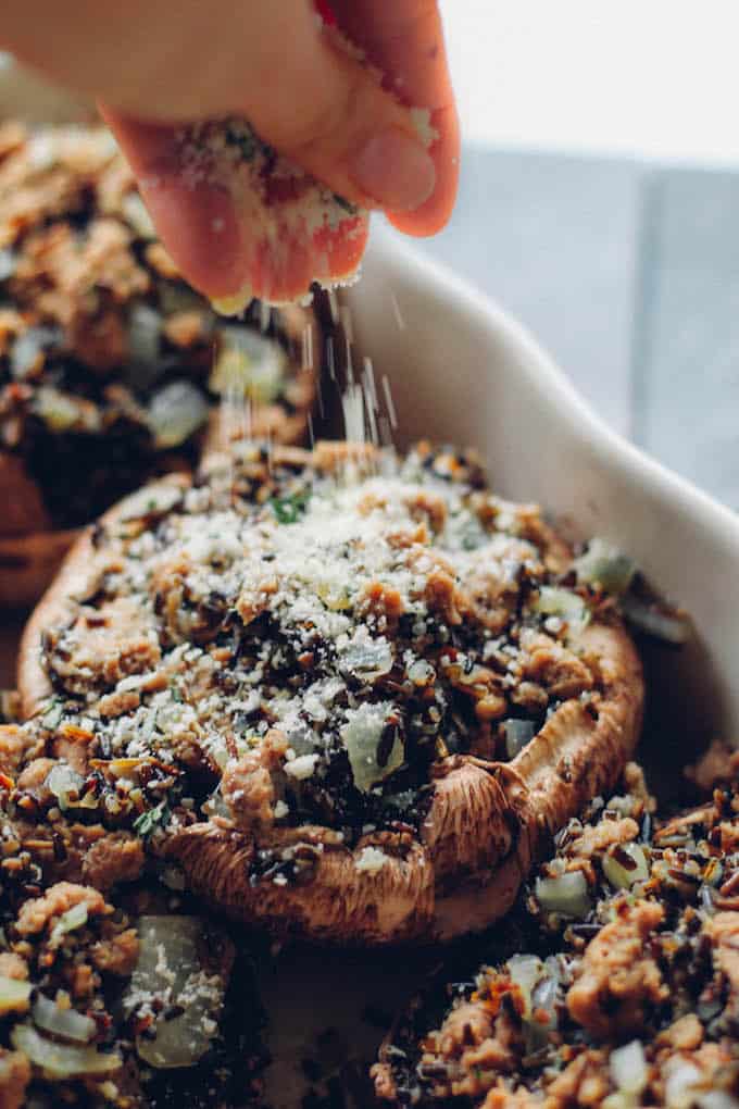  Wild Rice Stuffing Portobellos | Destination Delish - Hearty wild rice and mushroom stuffing served inside portobello mushroom caps. It’s a wholesome and unique take on the traditional Thanksgiving side dish!