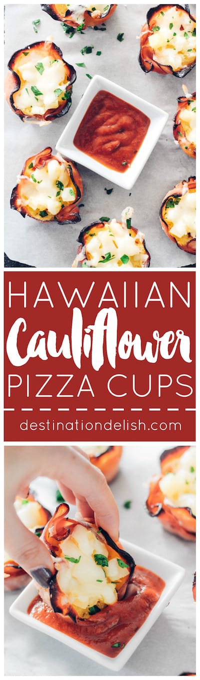 Hawaiian Cauliflower Pizza Cups | Destination Delish - cauliflower pizza crust, pineapple, and mozzarella cheese packed inside a ham cup! A healthy bite-sized appetizer!