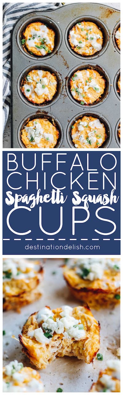 Buffalo Chicken Spaghetti Squash Cups | Destination Delish - A healthy, perfectly-portioned snack bursting with tangy chunks of buffalo chicken, spaghetti squash, blue cheese, and ranch dressing! 