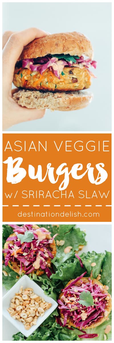 Asian Veggie Burgers with Sriracha Slaw | Destination Delish - Wholesome veggie burgers packed with brown rice and veggies and topped with a tangy sriracha slaw. Serve in a lettuce leaf or bun for a hearty, filling meal!