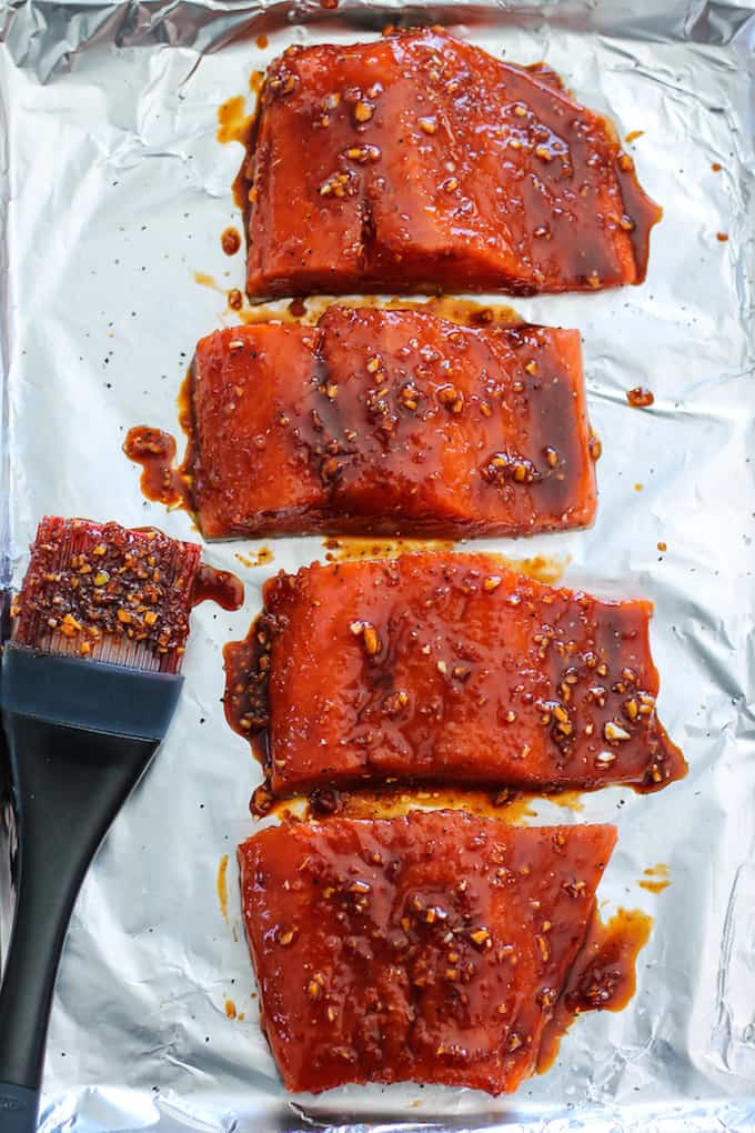 Sweet Glazed Korean Salmon over Sesame Cucumber Noodles | Destination Delish - sweet, tangy, saucy salmon served on a bed of crisp cucumber noodles. Fancy enough to serve guests and easy enough to make on a busy weeknight! 