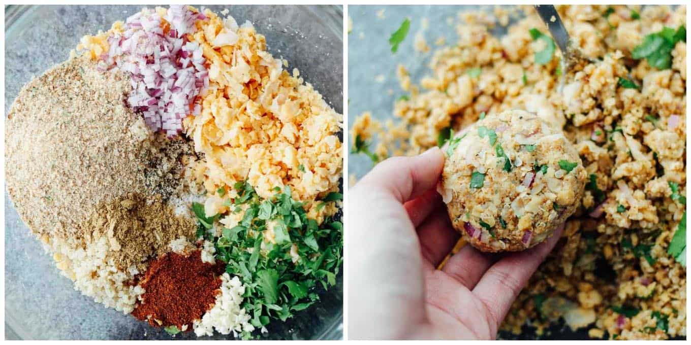 A 2-photo collage of the bowl of burger ingredients before mixing and a photo of a shaped patty