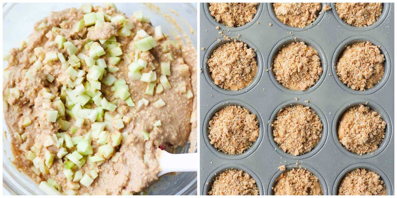 A photo collage showing the batter in a bowl with apples and the other photo showing the batter in muffin tin topped with streusel