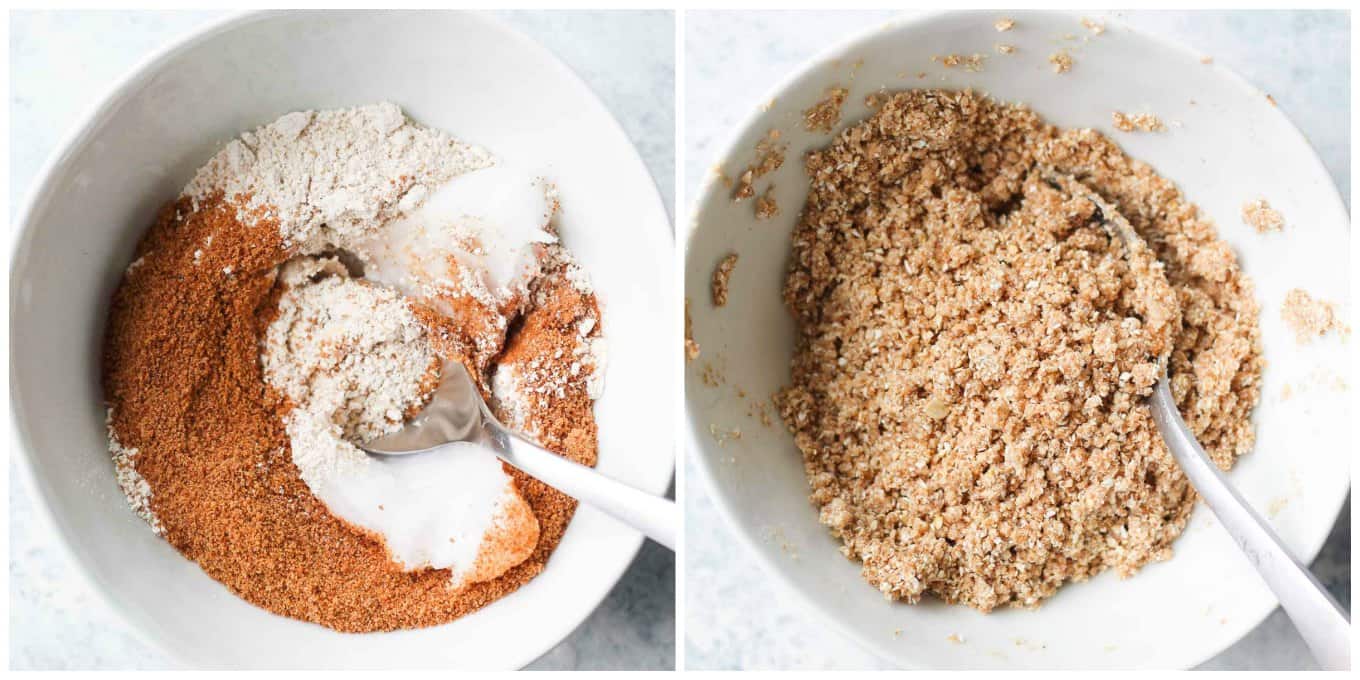 A photo collage showing the streusel ingredients before mixing and the other showing the finished streusel.