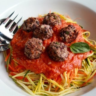 Veggie Spaghetti and Meatballs | Destination Delish - A meatless take on the classic pasta dish with veggie noodles, a homemade tomato sauce, and black bean meatballs