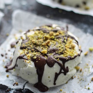 Chocolate Pistachio Semifreddo | Destination Delish – a lightened up version of the classic Italian dessert using ricotta and cream cheeses. Mixed with chopped pistachios and a drizzle of chocolate for a velvety smooth treat.