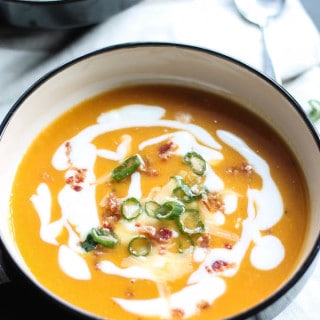 Easy Sweet Potato Soup | Destination Delish – a simple sweet potato soup made with just 5 ingredients. Pile one your favorite toppings!